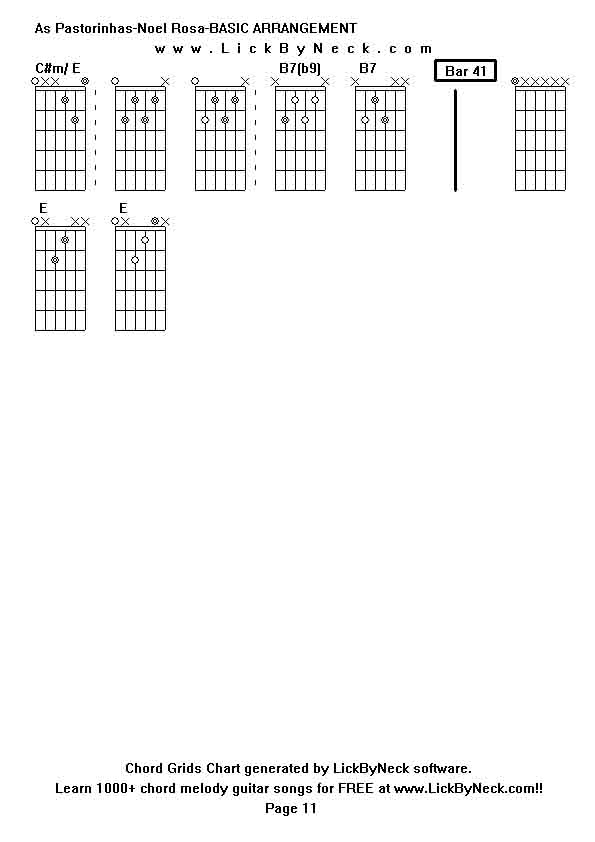 Chord Grids Chart of chord melody fingerstyle guitar song-As Pastorinhas-Noel Rosa-BASIC ARRANGEMENT ,generated by LickByNeck software.